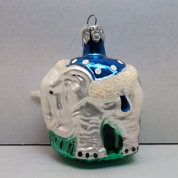 Glass Elephant Ornament Poland Green Blue White Glitter - Picture 1 of 6